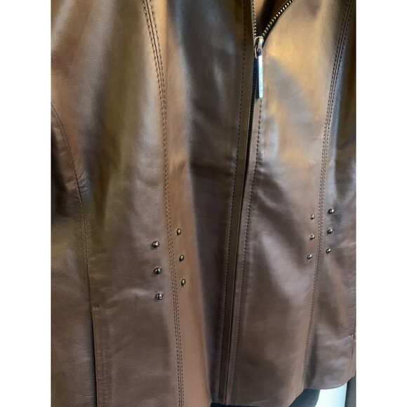 Siena Studio Women's Brown Zip Studded Leather Moto Jacket - Picture 9 of 9